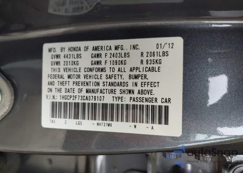 2012 Honda Accord 2.4 Ex из США, поврежденный, VIN 1HGCP2F73CA079107